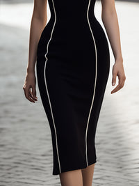 Contrast-Piped Off-Shoulder Sculpted Midi Dress