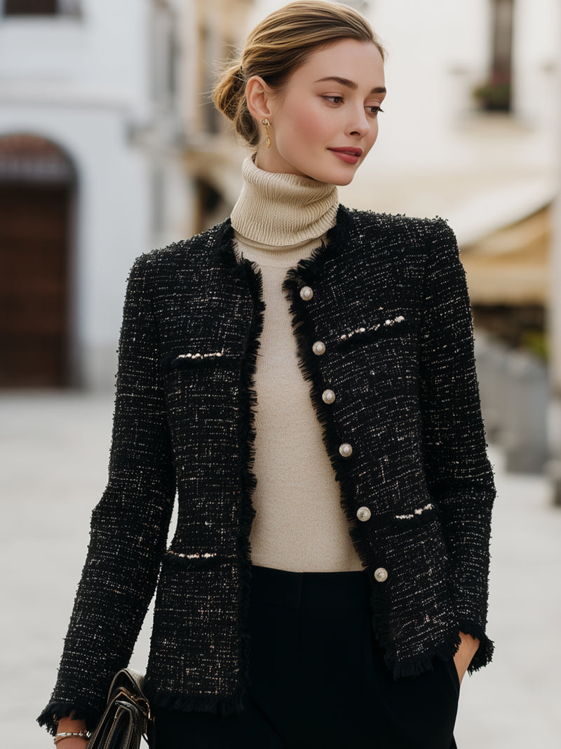 Tweed Fringed Pearl Button Jacket