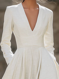 Ivory Deep V-Neck Long Sleeve A-Line Maxi Dress