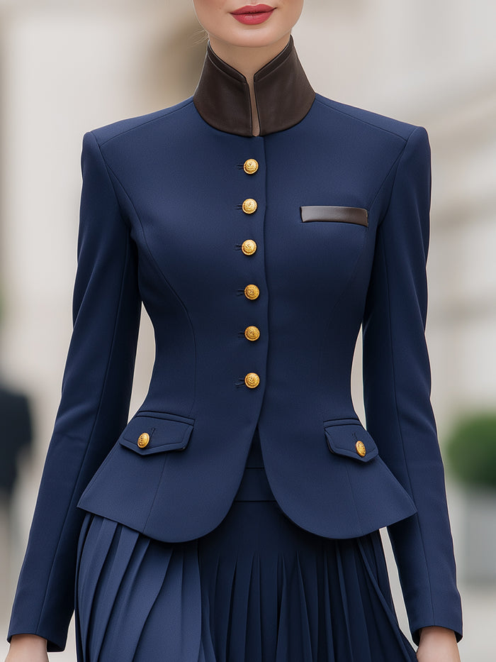Navy High-Collar Peplum Military-Inspired Blazer