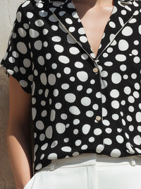 Relaxed Polka Dot Button-Front Short Sleeve Blouse