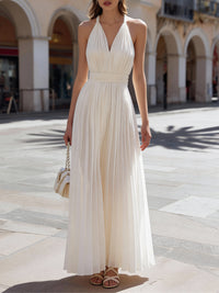 Ivory Halter Pleated Maxi Dress With Defined Waist