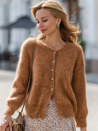 Caramel Fluffy Button-Up Knit Cardigan