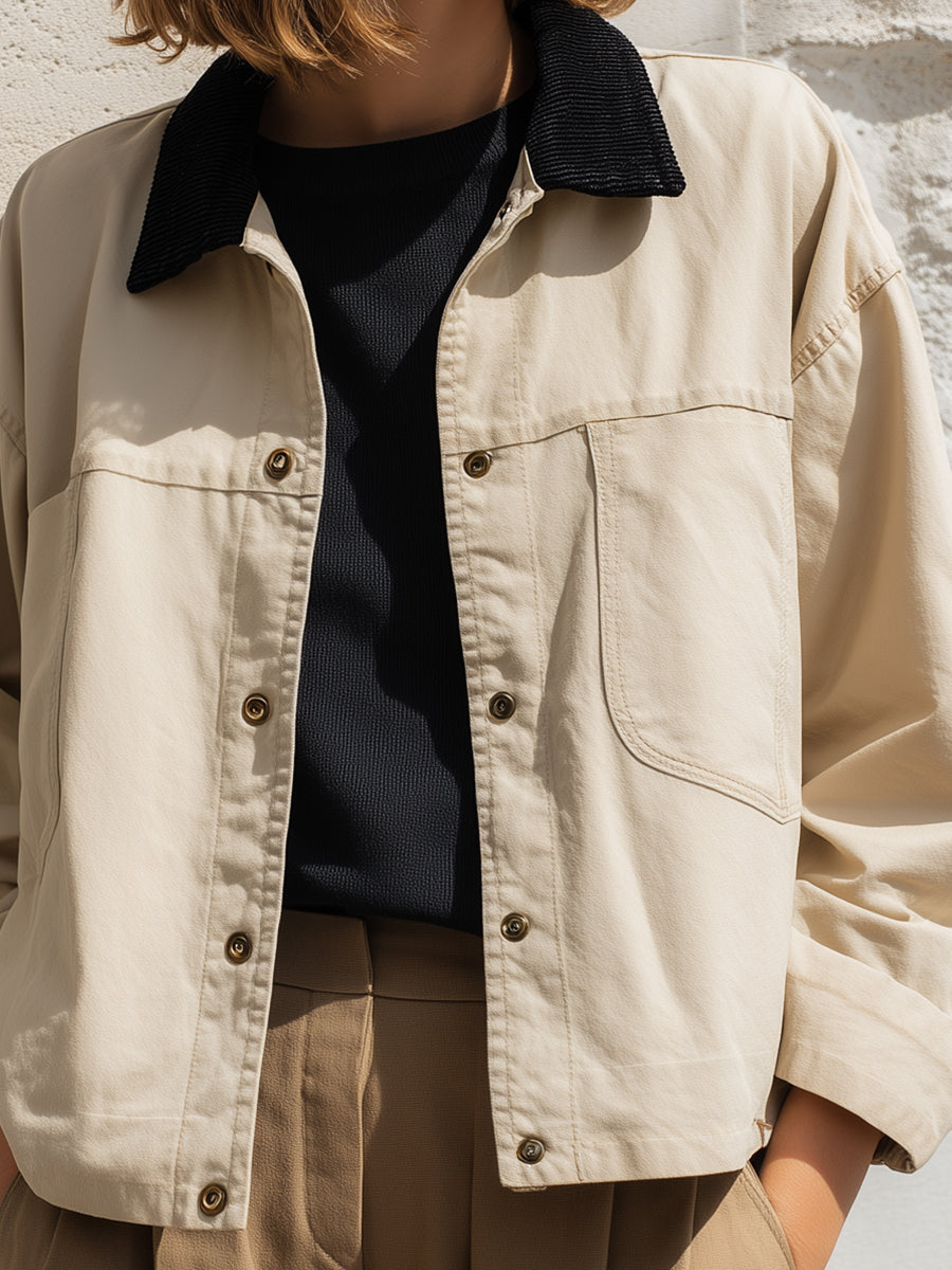 Beige Utility Jacket With Contrast Corduroy Collar