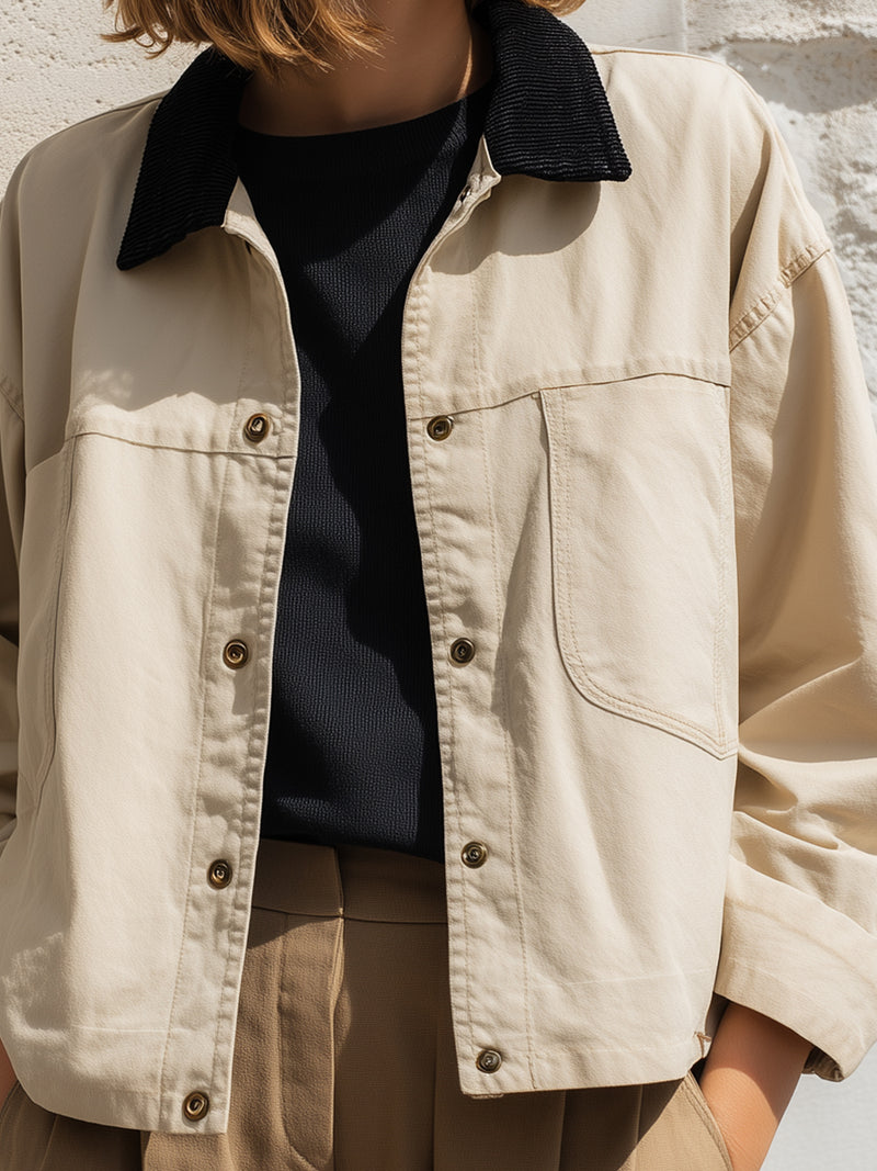 Beige Utility Jacket With Contrast Corduroy Collar