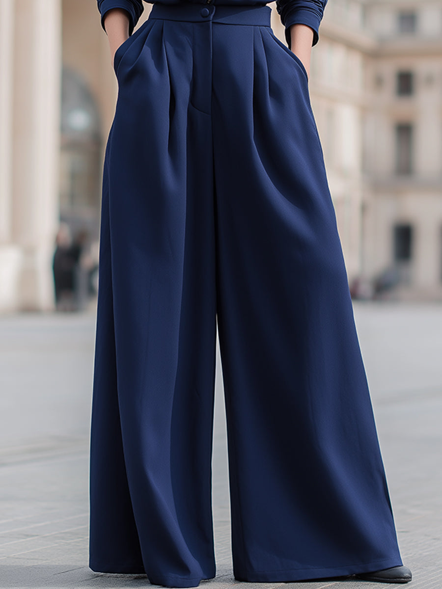 Navy High-Neck Zip Jacket And Wide-Leg Trouser Set
