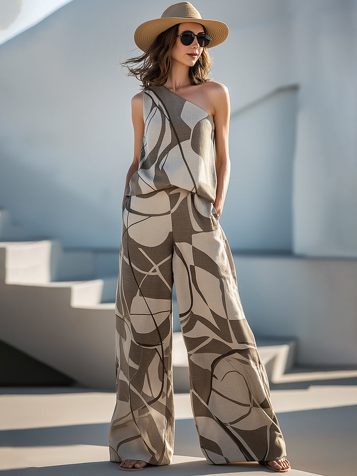 Abstract One-Shoulder Printed Wide-Leg Set
