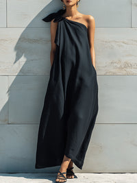 One-Shoulder Draped Bow Detail Maxi Dress