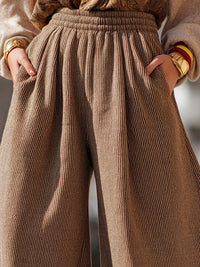 Brown Textured High-Waisted Drawstring Trousers