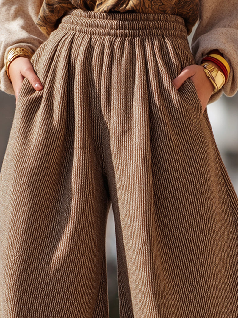Brown Textured High-Waisted Drawstring Trousers
