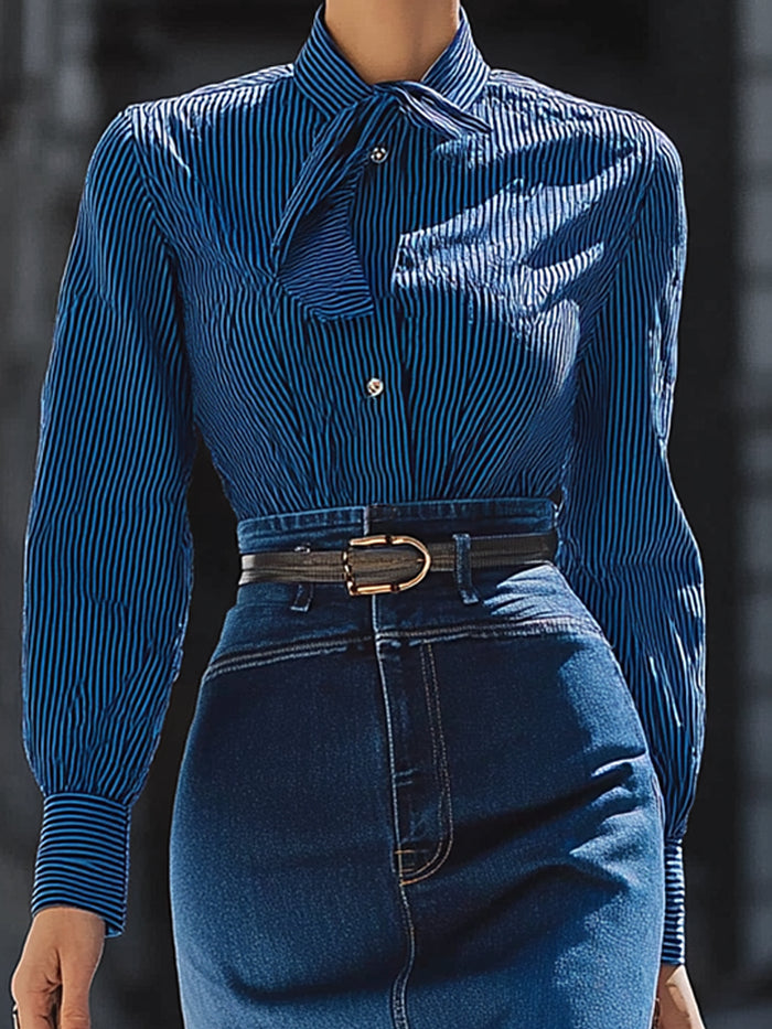 Elegant Striped Blouse And High-Waist Denim Pencil Skirt Set