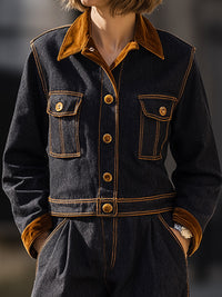 Dark Denim Jacket And Wide-leg Pants Set