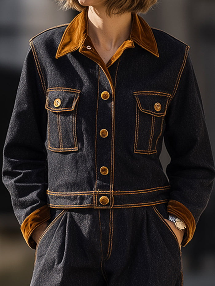 Dark Denim Jacket And Wide-leg Pants Set