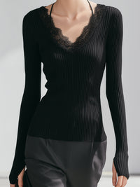 Lace-Trim Ribbed Knit V-Neck Long Sleeve Top In Black