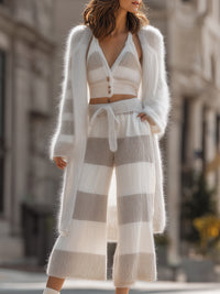 Ivory And Taupe Striped Three-Piece Knit Lounge Set