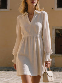 Ivory Woven V-Neck Long-Sleeve Mini Dress