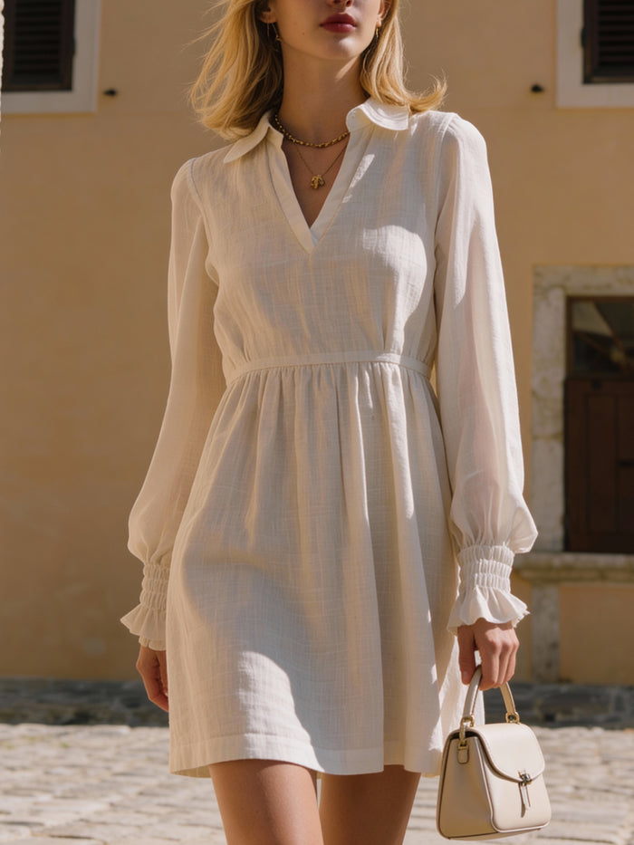 Ivory Woven V-Neck Long-Sleeve Mini Dress