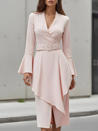 Elegant Pink Belted Asymmetric Hem Dress