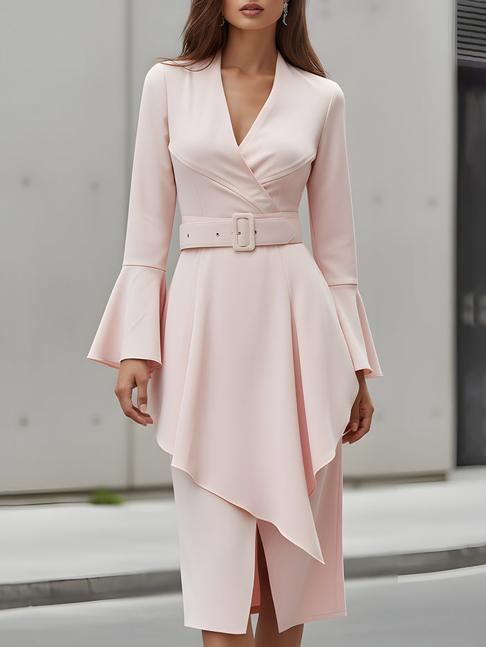 Elegant Pink Belted Asymmetric Hem Dress