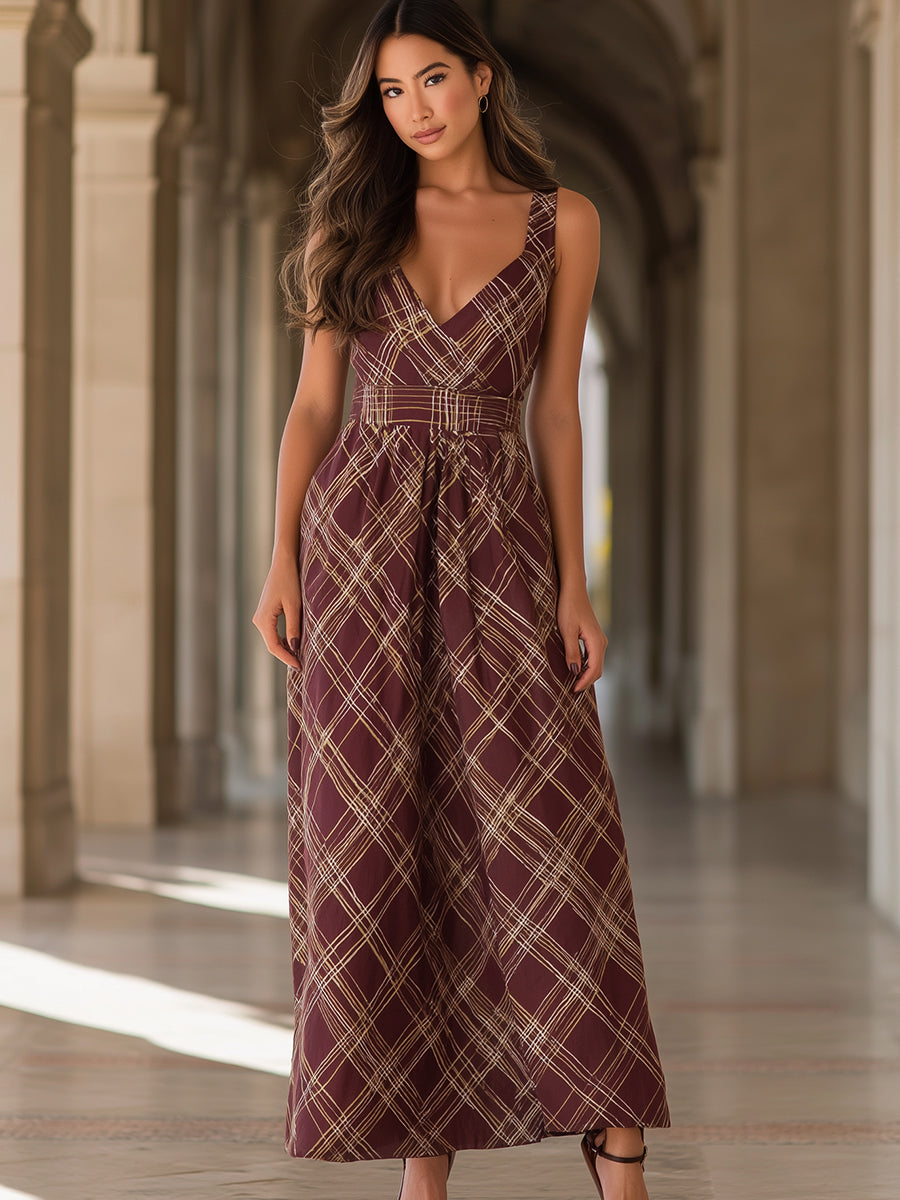 V-Neck Plaid Sleeveless Maxi Dress