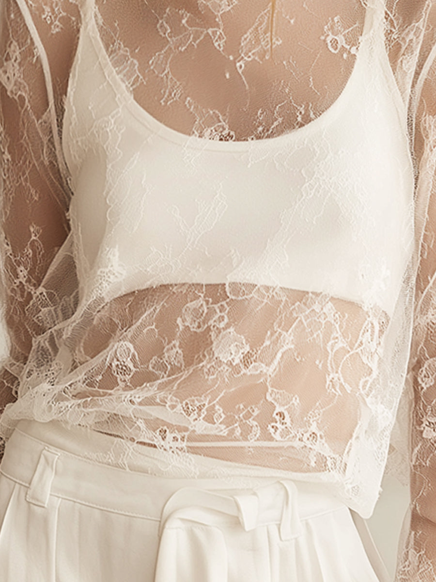 Sheer Floral Lace Long-Sleeve Top