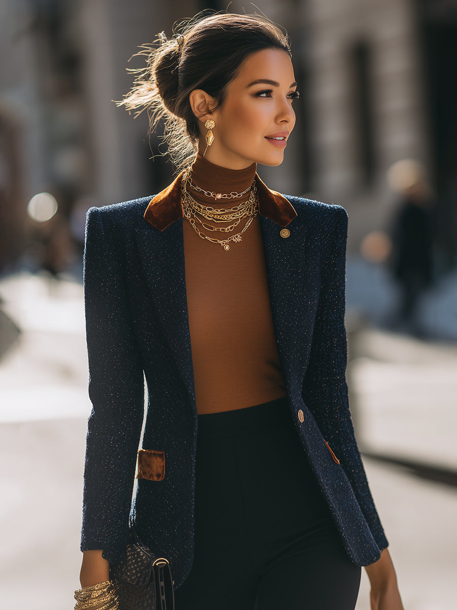 Navy Textured Blazer With Velvet Accents