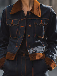 Contrast-Corduroy Trimmed Dark Denim Jacket