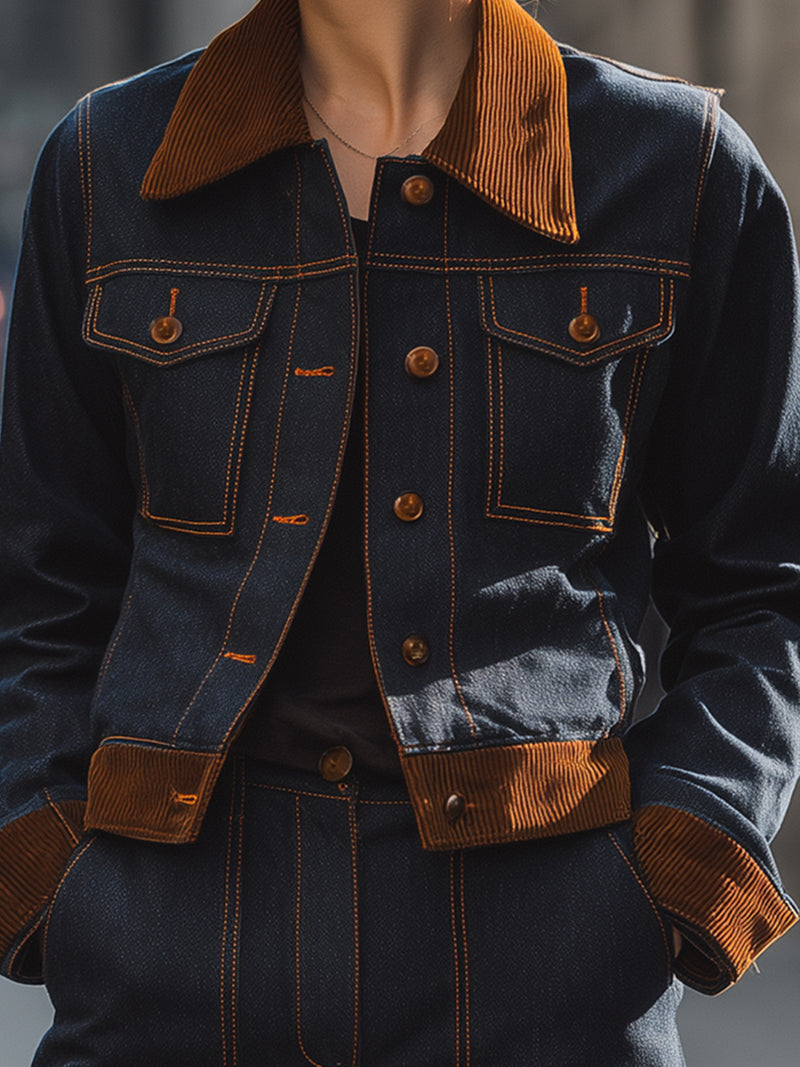 Contrast-Corduroy Trimmed Dark Denim Jacket