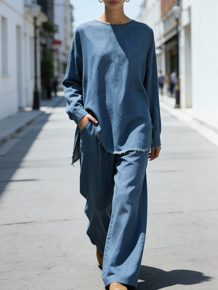 Relaxed Denim Two-Piece Set With Raw Hem