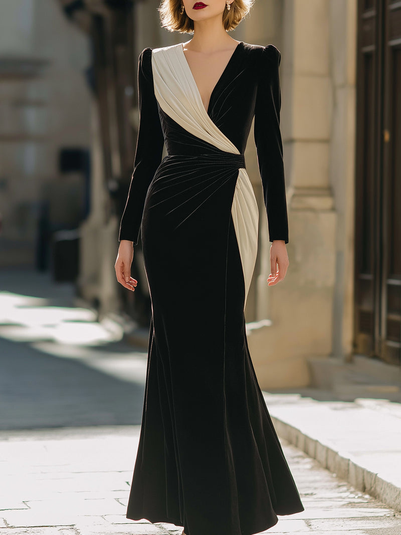 Black And Ivory Velvet Evening Gown