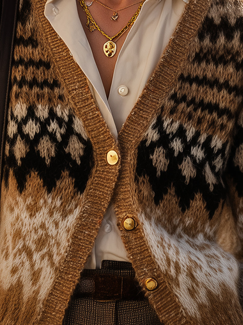 Nordic Knit Fair Isle Cardigan In Camel