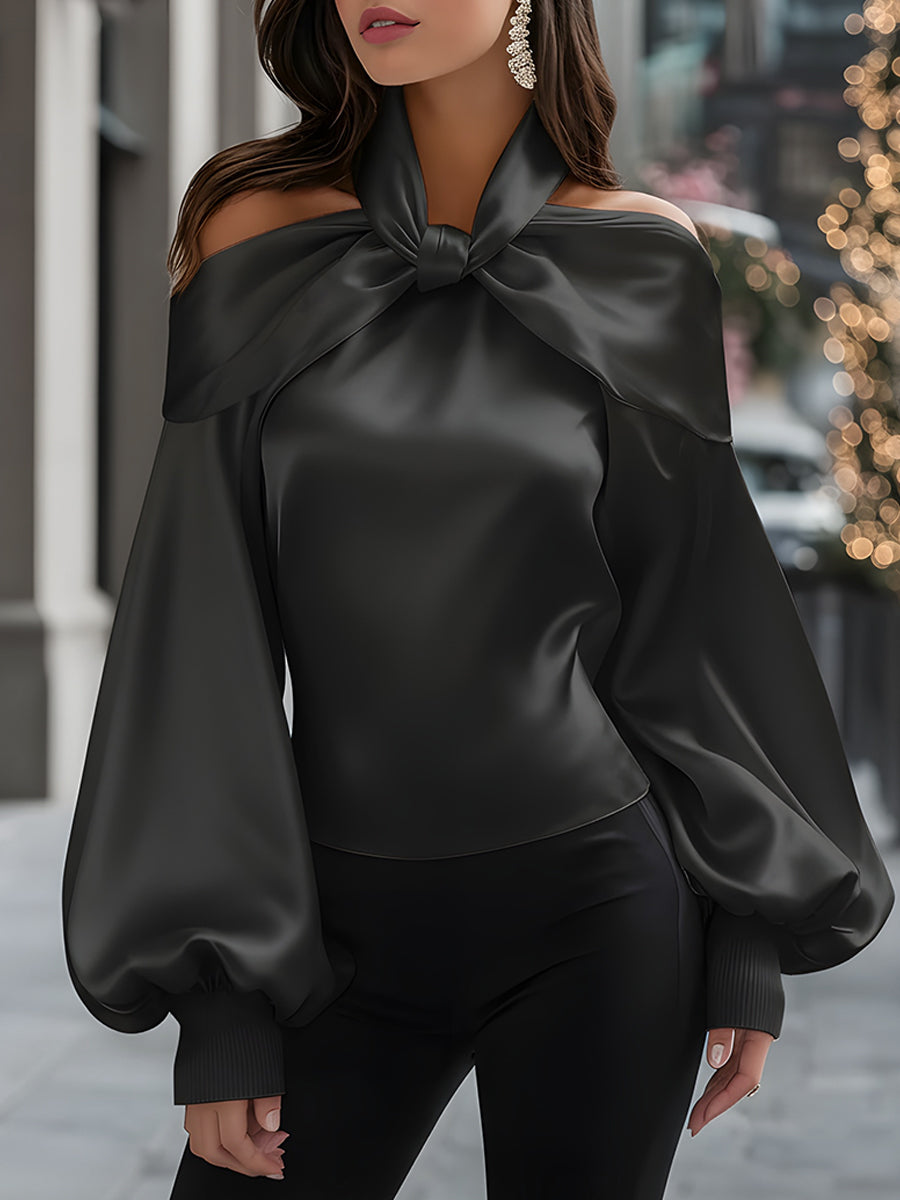Off-Shoulder Satin Tie-Neck Blouse With Balloon Sleeves