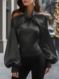 Off-Shoulder Satin Tie-Neck Blouse With Balloon Sleeves