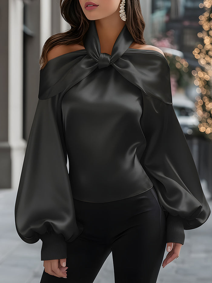 Off-Shoulder Satin Tie-Neck Blouse With Balloon Sleeves