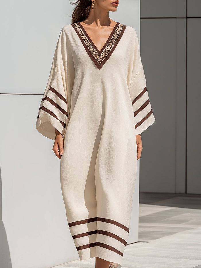 Embroidered V-Neck Kaftan Midi Dress With Contrast Stripe Trim