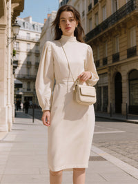 Ivory High-Neck Puff Sleeve Tailored Midi Dress