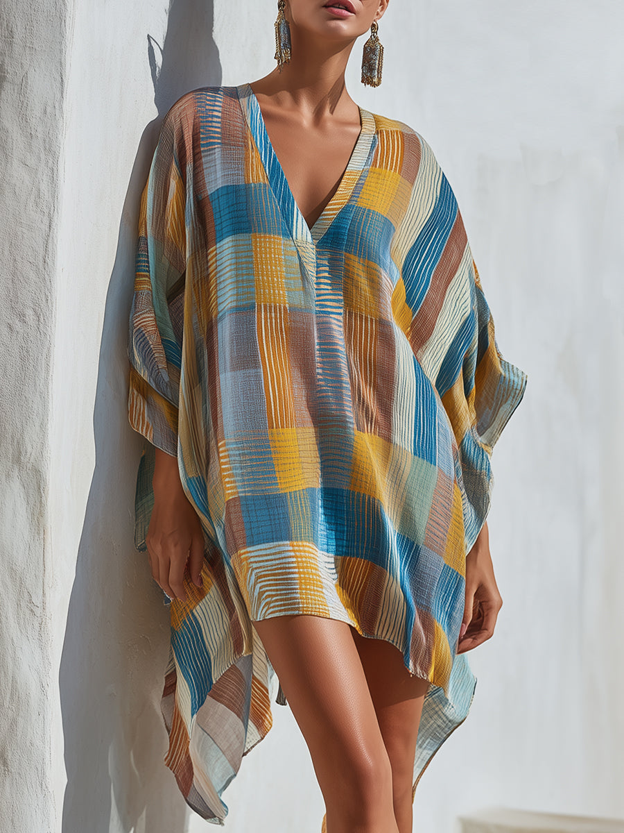 Relaxed V-Neck Printed Kaftan Resort Mini Dress