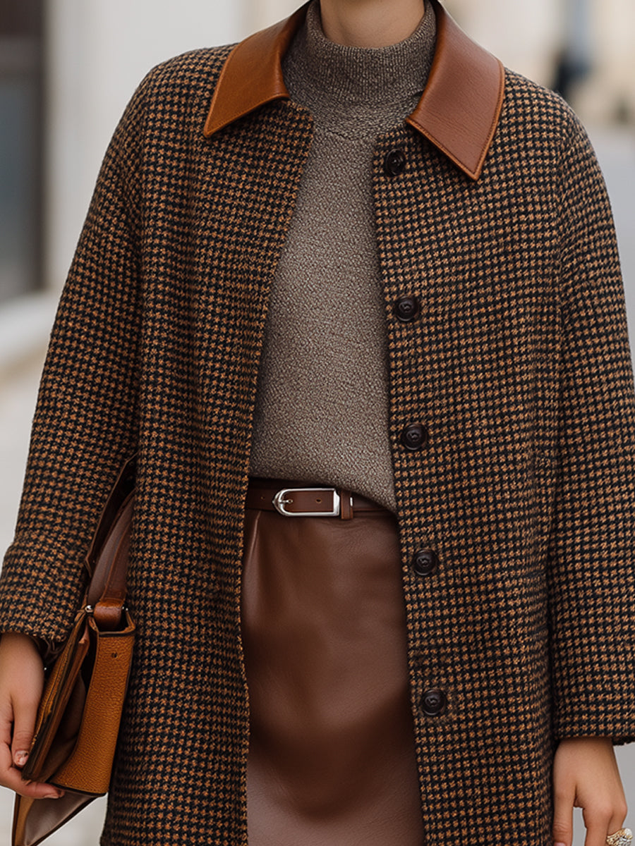 Vintage Houndstooth Coat With Faux Leather Collar