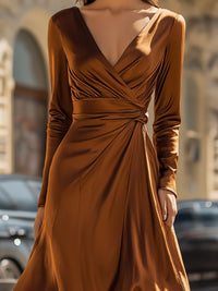 Elegant Satin Wrap Dress In Brown
