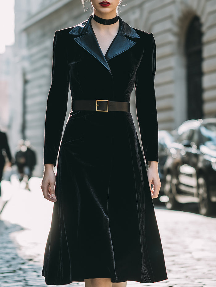 Velvet Midi Dress With Leather Lapel