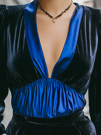 Midnight Velvet Deep-V Blouse With Royal Blue Panel