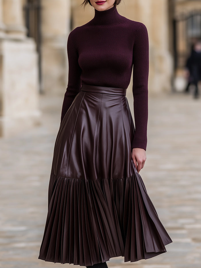 Turtleneck Sweater And Pleated Faux Leather Skirt Set
