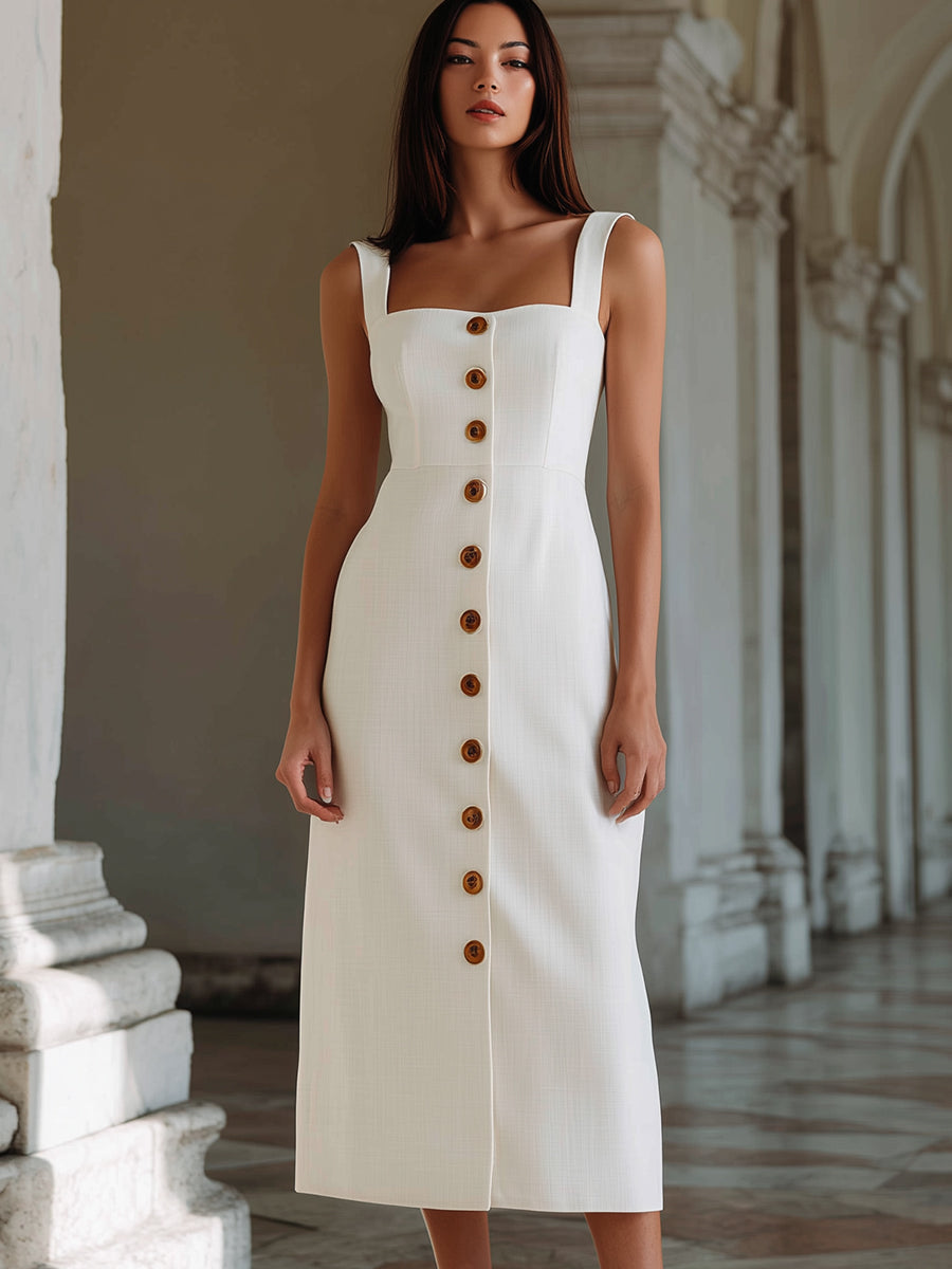 Square Neck Button-Front Fitted Midi Dress