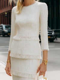 Ivory Tweed Fringe-Trimmed Dress