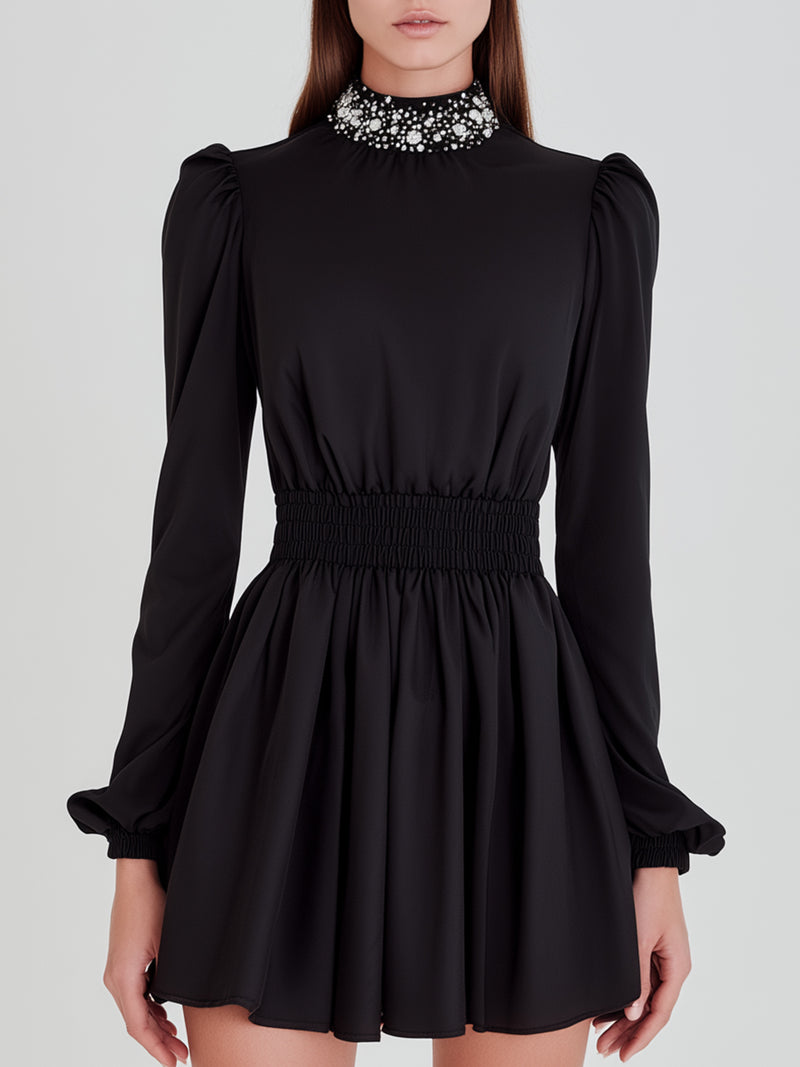 Black Puff Sleeve High-Neck Mini Dress