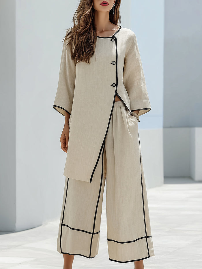 Color-blocked Piping Asymmetrical Loose Top And Wide-leg Pants Set