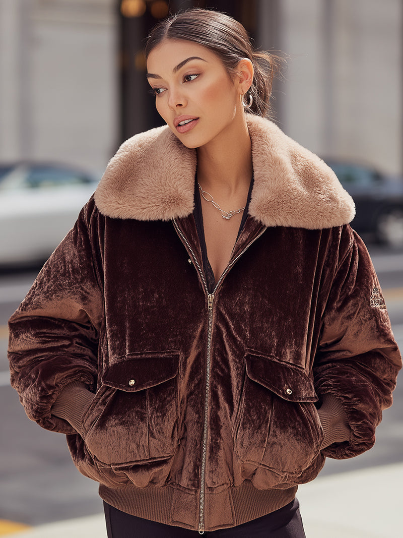 Chocolate Velvet Bomber Jacket With Plush Faux Fur Collar
