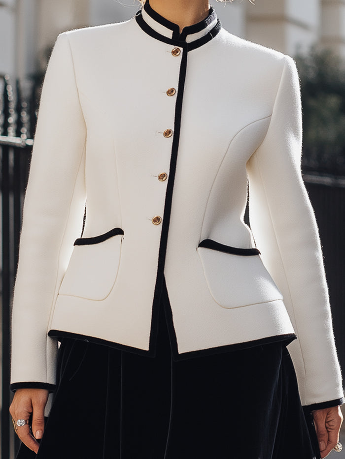 Monochrome Elegance Tailored Jacket And Velvet Skirt Ensemble