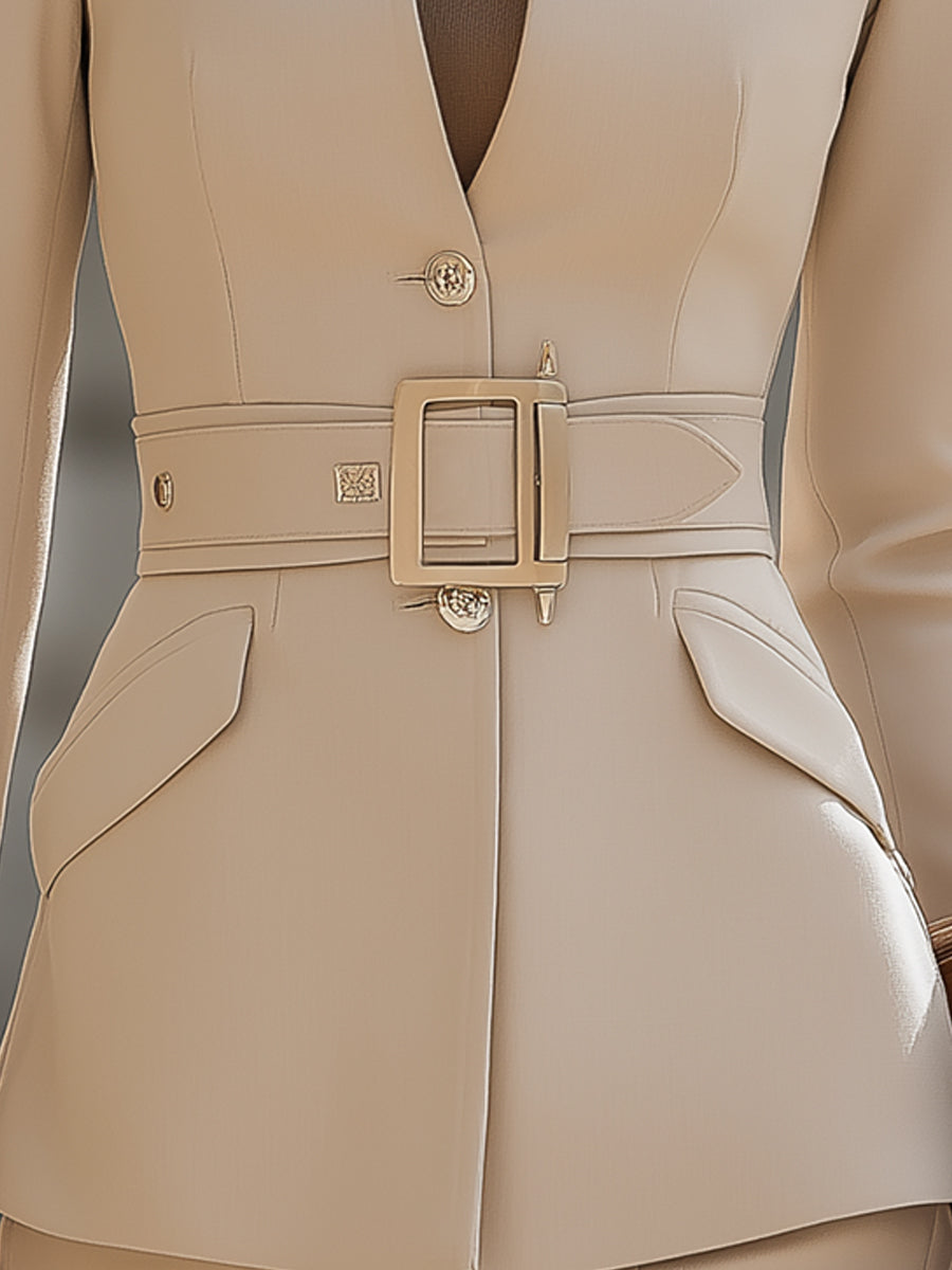 Structured Stand-Collar Belted Blazer