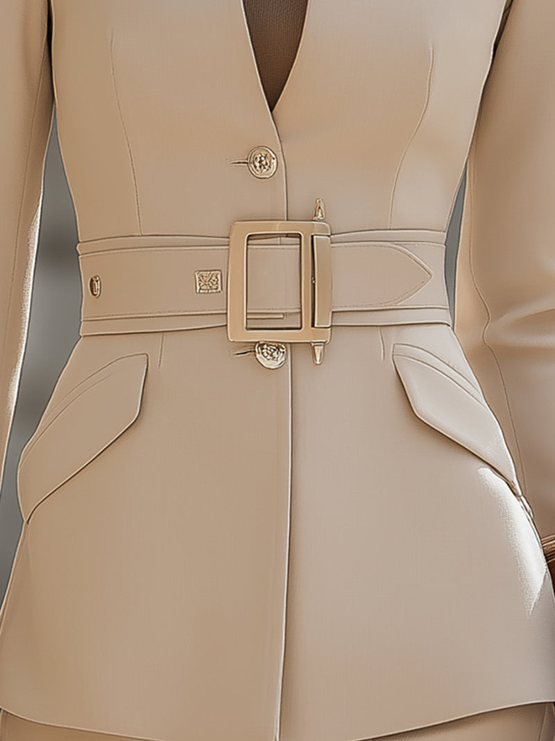 Structured Stand-Collar Belted Blazer